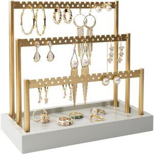 3-Tier Earring Holder Organizer Stand, 105 Holes Gold Metal Earring Rack